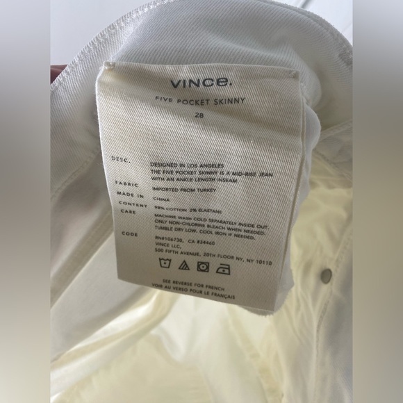 Vince 5 Pocket Skinny Women's Crisp White Skinny Jeans with Raw Hem - Picture 10 of 11